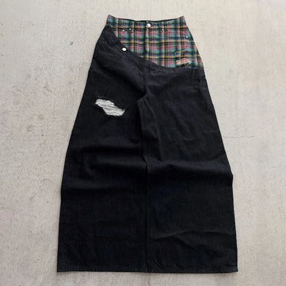Y2K Plaid Patchwork Baggy Jeans – Retro Wide Leg Denim Pants