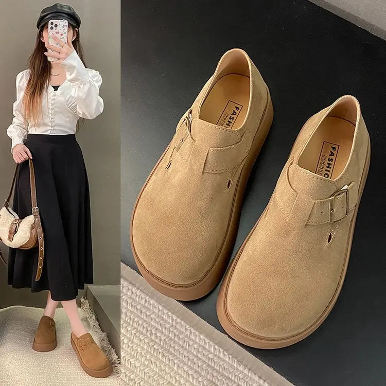 Women's Platform Suede Loafers with Buckle Strap