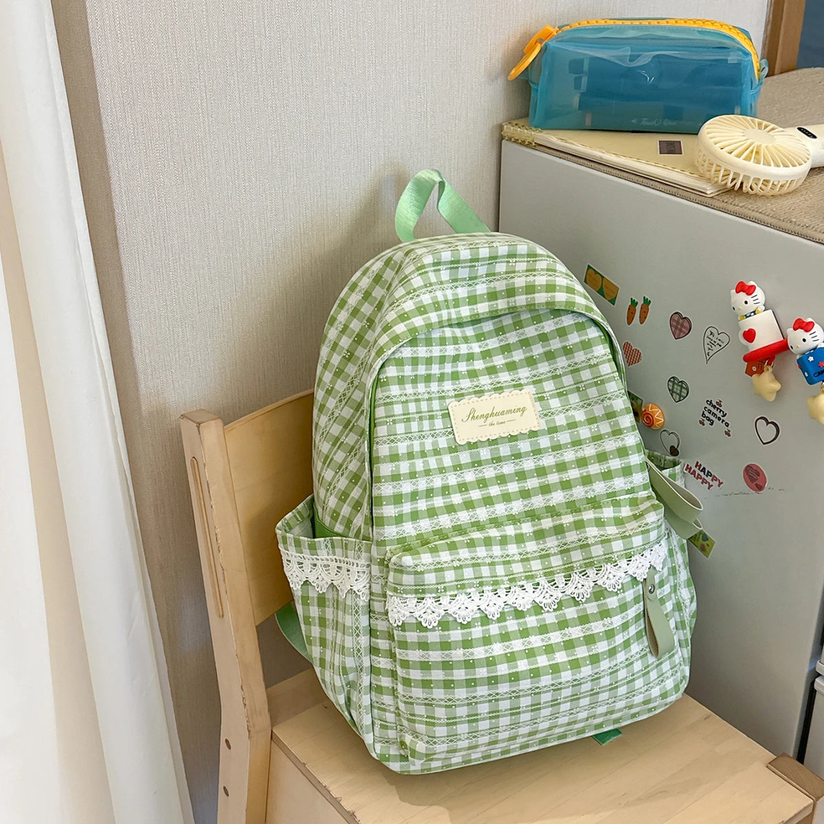 Cute Girls School Backpack – Large Capacity Plaid Daypack with Lace Trim