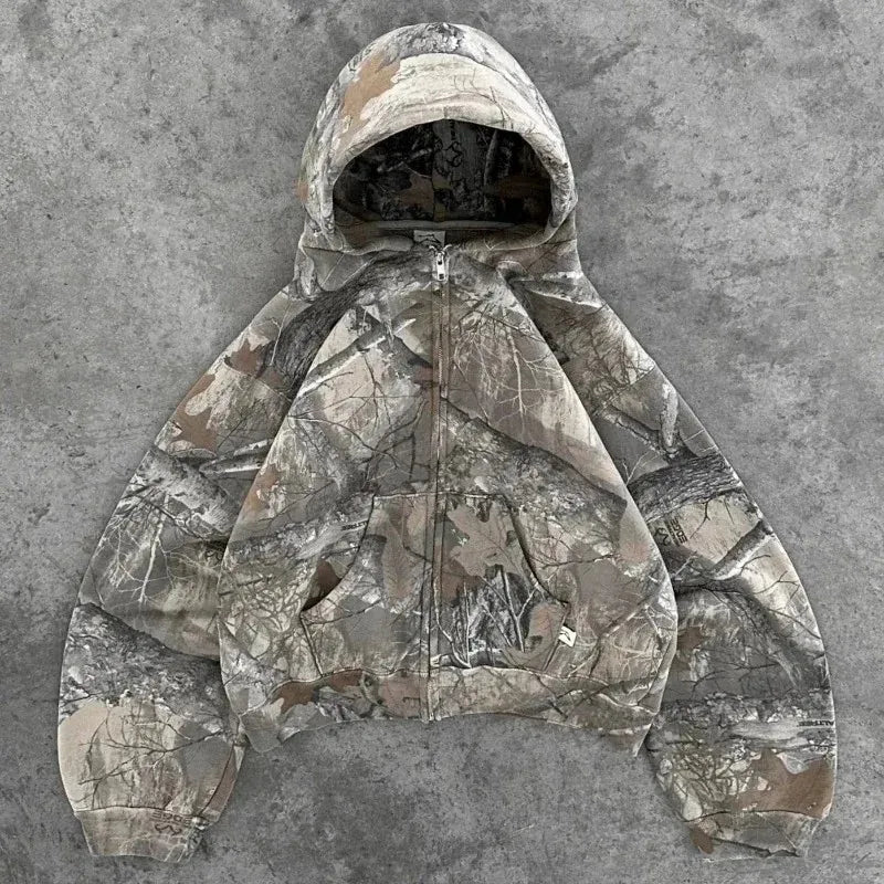 Y2K Camo Floral Embroidery Zip-Up Hoodie Jacket – Women's Streetwear