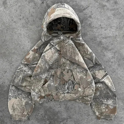 Y2K Camo Floral Embroidery Zip-Up Hoodie Jacket – Women's Streetwear