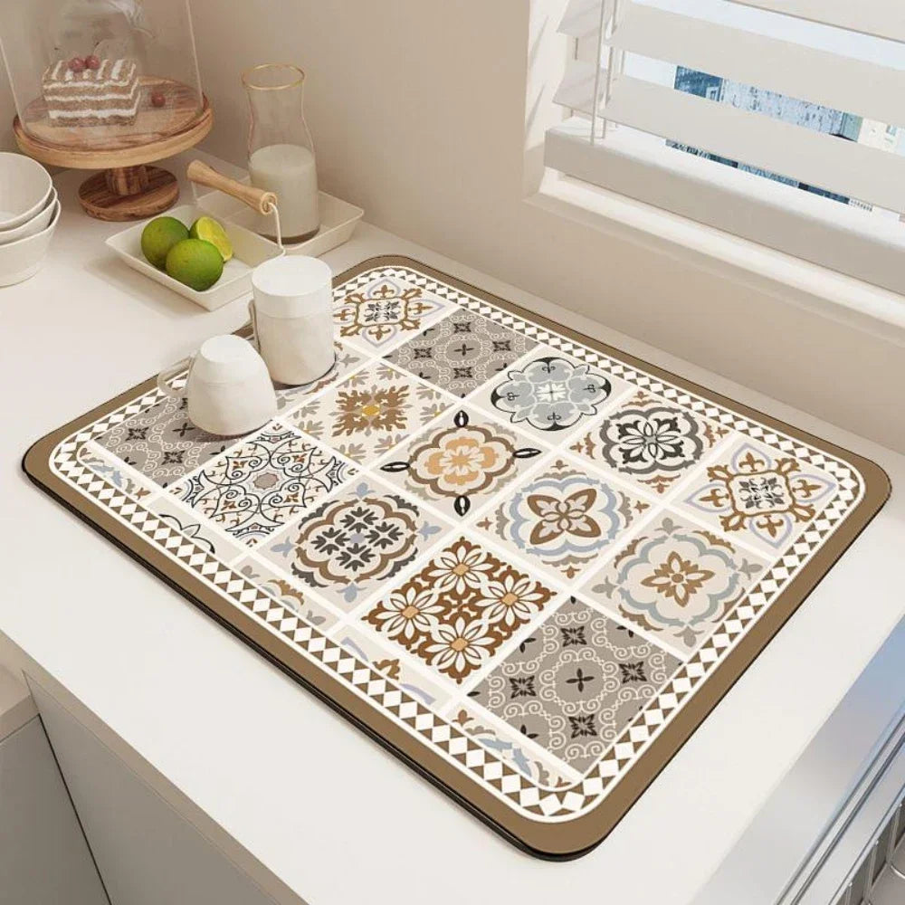 Dish Drying Mat – Boho Vintage Tile Absorbent Non-Slip Kitchen Mat