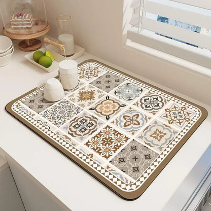 Dish Drying Mat – Boho Vintage Tile Absorbent Non-Slip Kitchen Mat