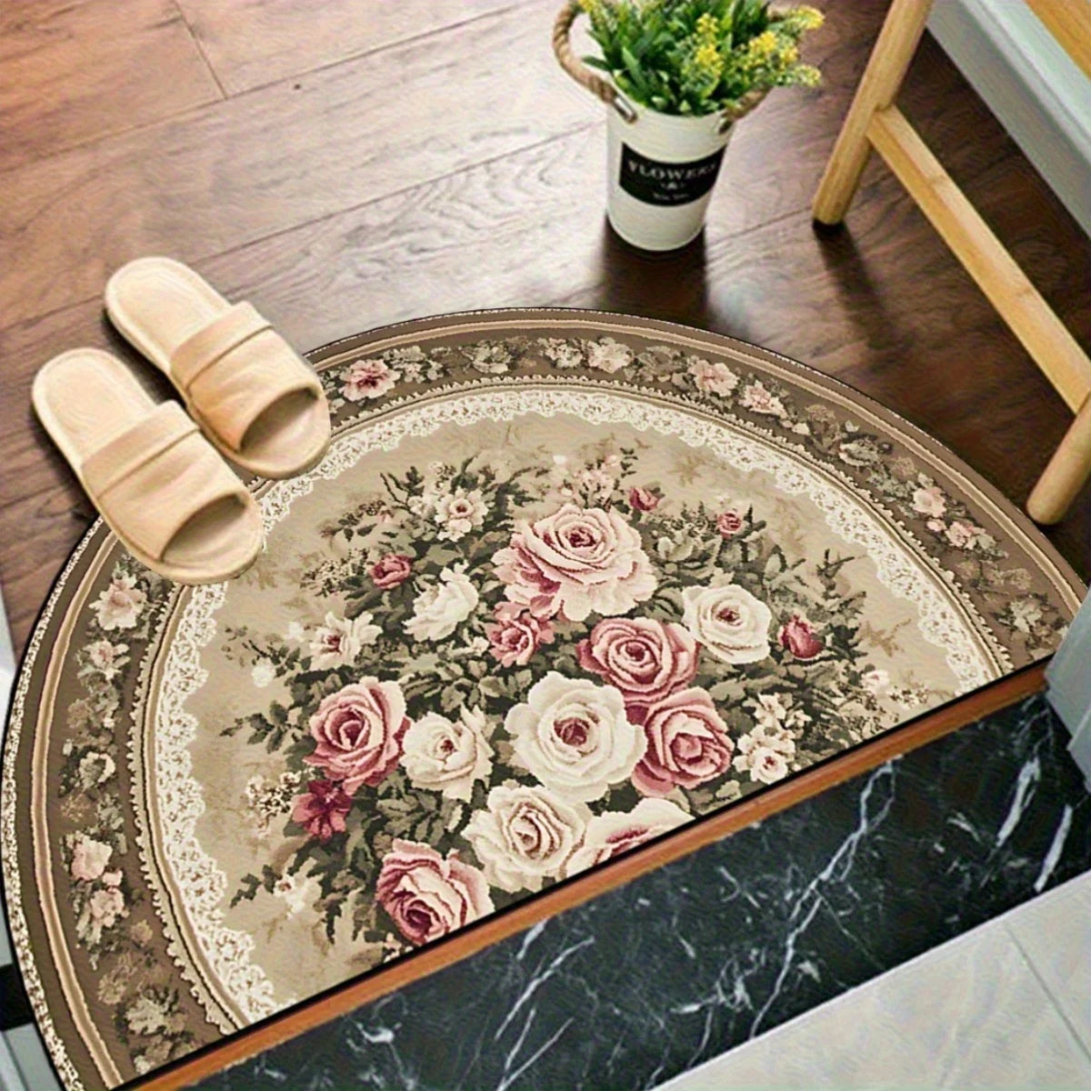 Vikama Vintage Floral Half Round Rug Soft Non-Slip Area Bedroom Romantic Rose Accent Rug Entryway
