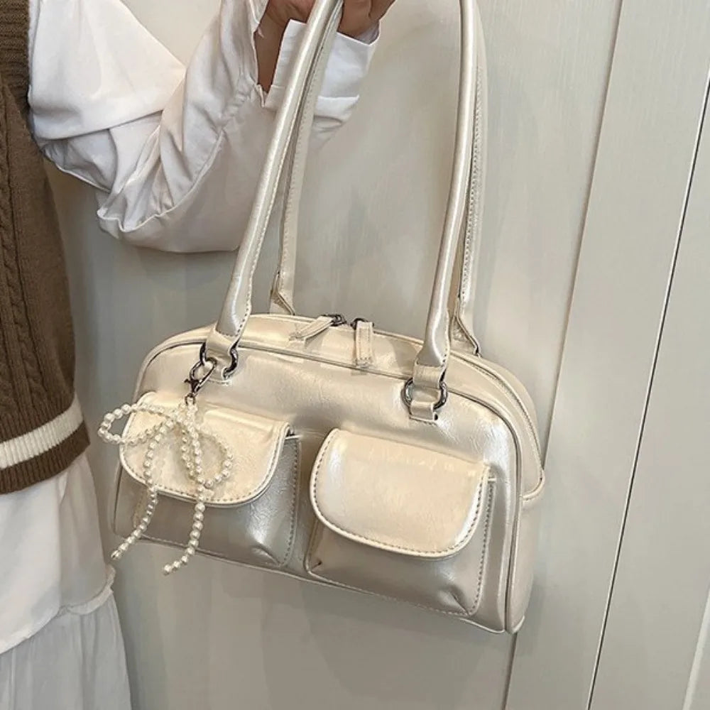 Solid Sewing Thread Fashion Glossy PU Shoulder Bags