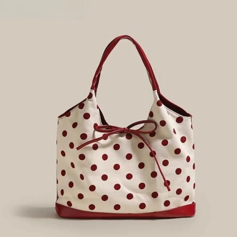 Retro Dot Red Handbag Women Versatile Bow Large Capacity