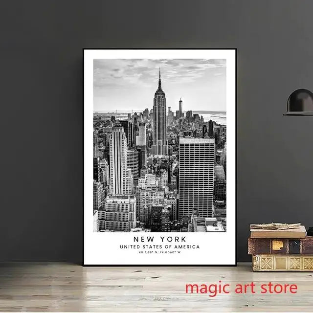 City Travel Poster – Black & White Landmark Wall Art Print for Home Decor