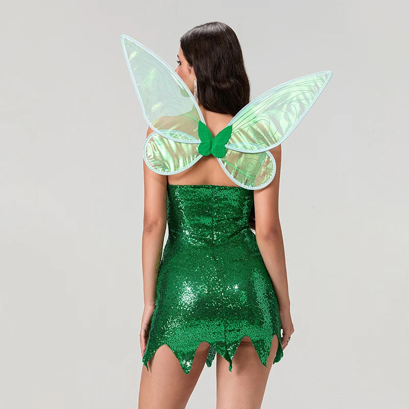 Green Sequin Fairy Costume Dress – Strapless Mini with Wings