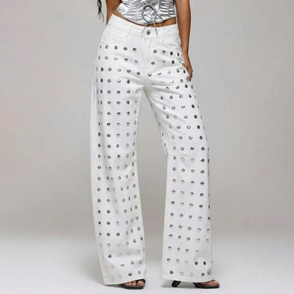 Mirror Rivet Baggy Straight-Leg Jeans – Y2K Mid-Waist Women's Trousers