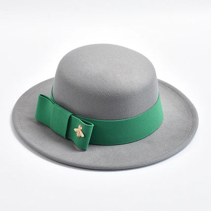 Women's Flat Top Fedora Hat – Bow & Bee Pin, Church & Party