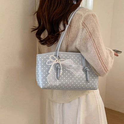 Korean Style Polka Dot For Women Elegant Underarm Bag With Pearl Bow