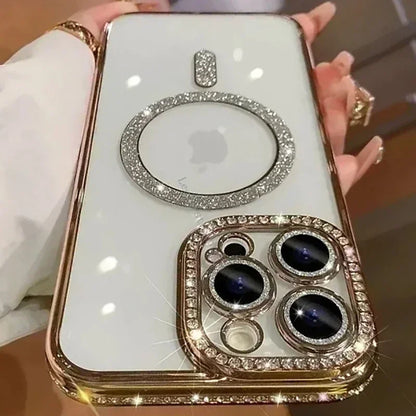 New Fashion Glitter Diamond Transparent Case For iPhone 17/ 16/ 15/ 14/ 13/ 11/ 12 Pro Max Funda Magnetic Wireless Charge Bumper Cover