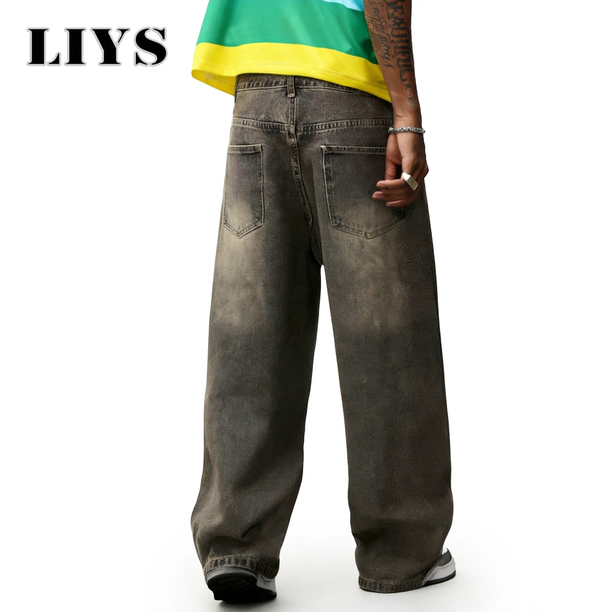 Men's Washed Baggy Wide Leg Jeans – Vintage Gray Spliced Denim