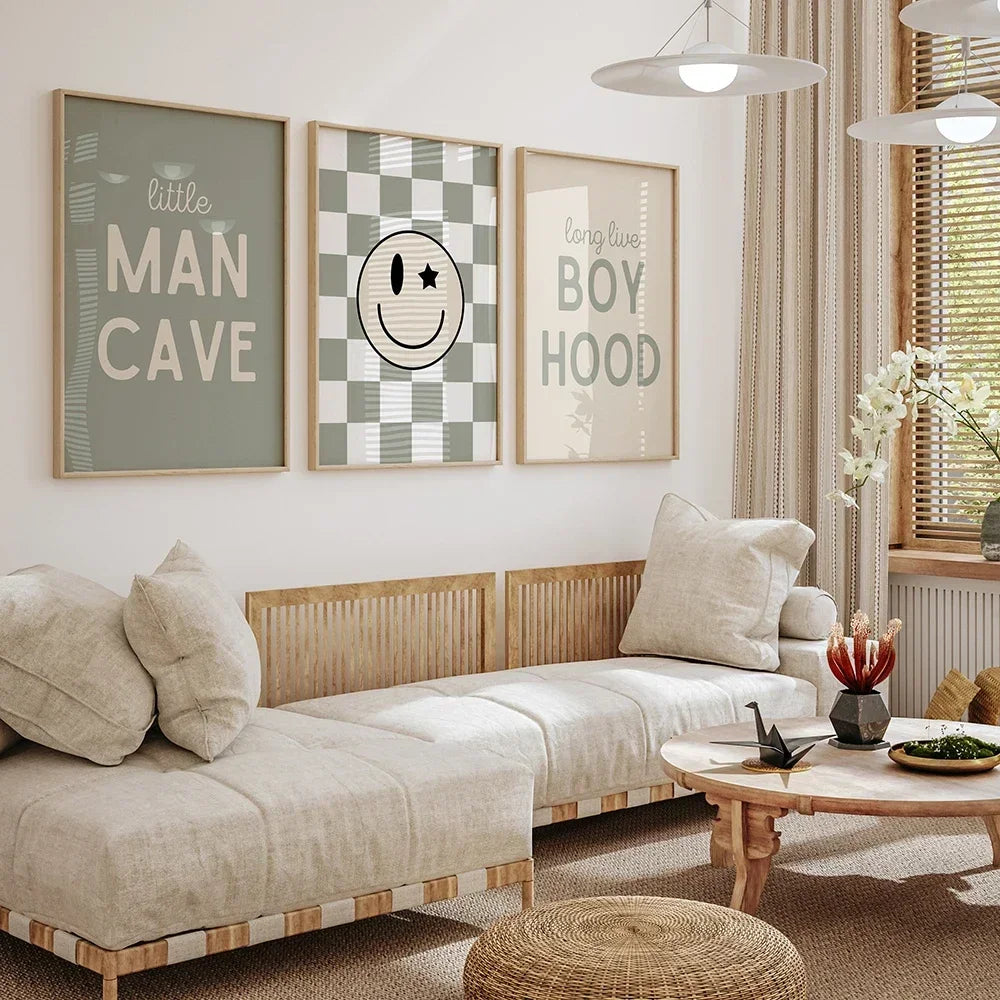 Sage Green Checkered Smiley Face Wall Art Poster | Nursery & Kids Room Canvas Print