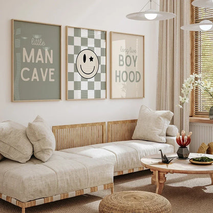 Sage Green Checkered Smiley Face Wall Art Poster | Nursery & Kids Room Canvas Print