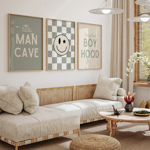 Sage Green Checkered Smiley Face Wall Art Poster | Nursery & Kids Room Canvas Print