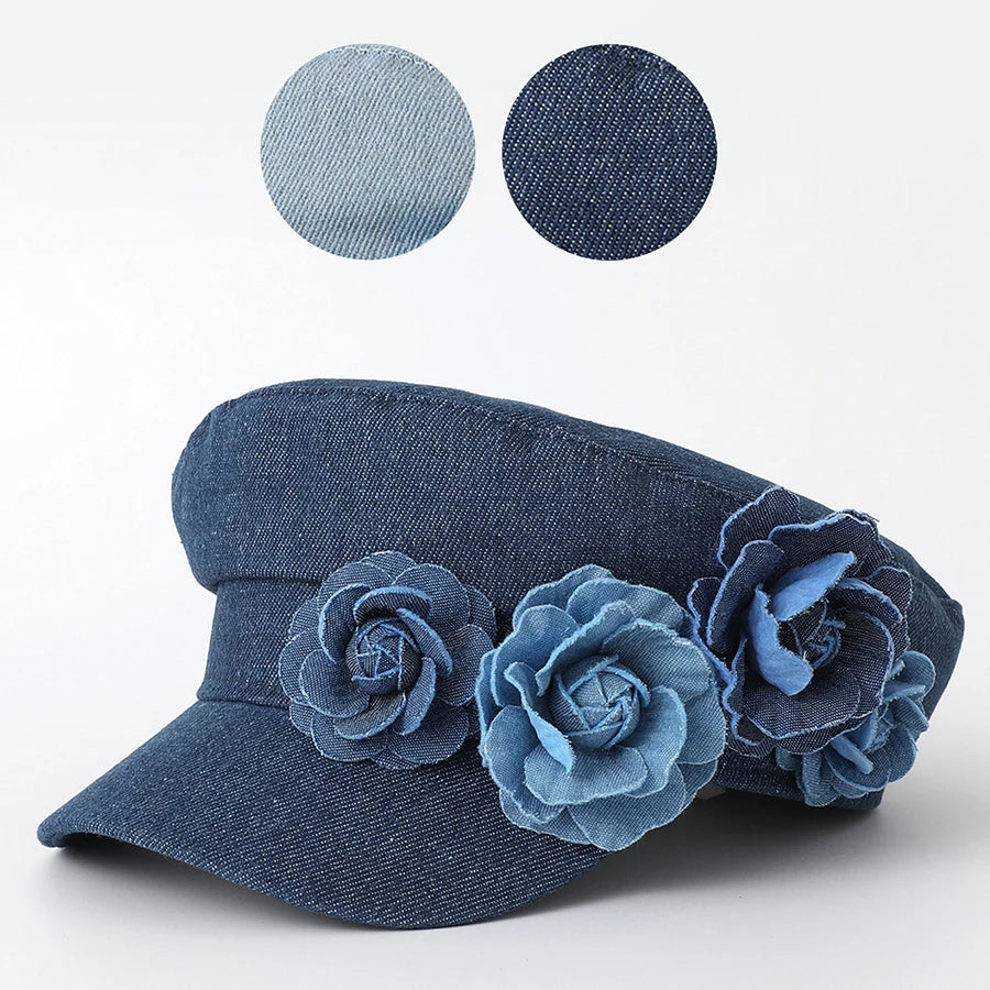 Women's Denim Military Cap with 3D Flower Detail