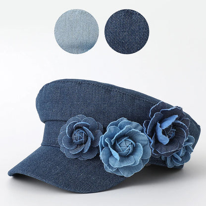 Women's Denim Military Cap with 3D Flower Detail