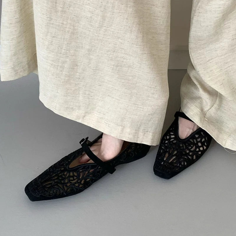 Women's Hollow-Out Flat Shoes – Elegant Square Toe Slip-On