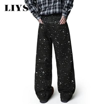 Distressed Crochet Jacquard Wide Leg Jeans – Retro Black Denim