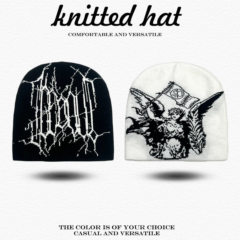 Spider Web Jacquard Beanie Hat – Dark Style Hip Hop Knit Cap