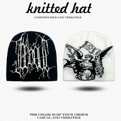Spider Web Jacquard Beanie Hat – Dark Style Hip Hop Knit Cap
