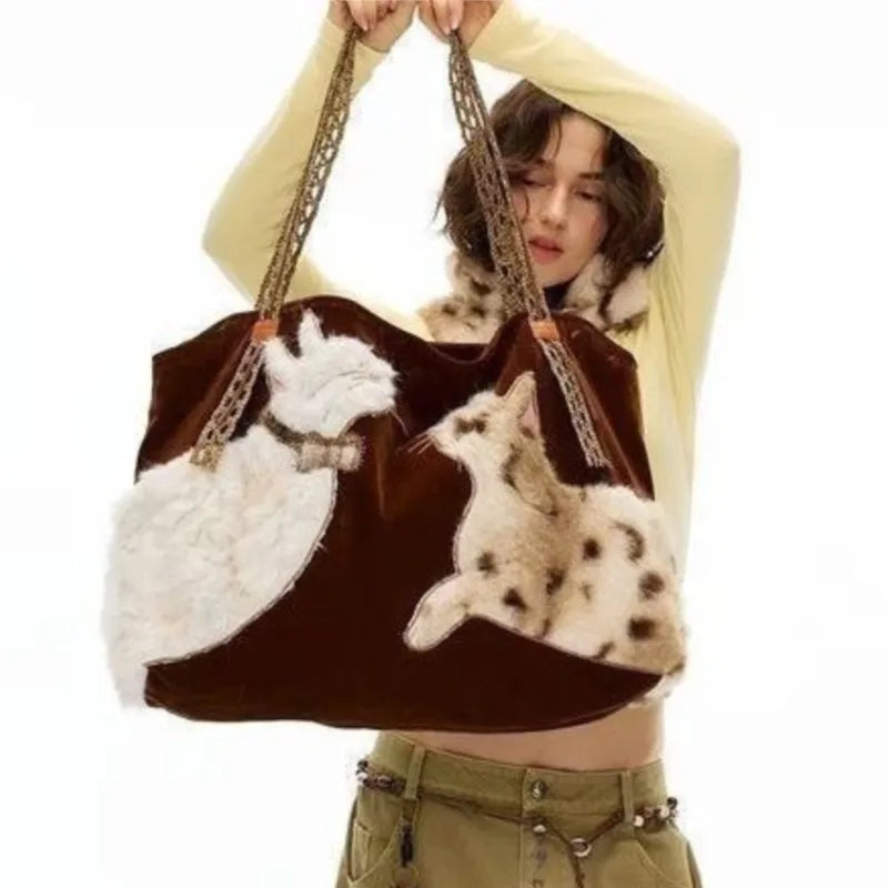 Retro Sweet Cute Cat Tote Bag Women Plush Large Capacity