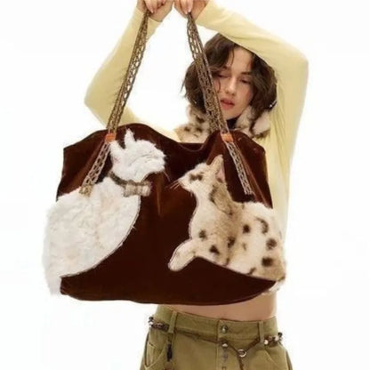 Retro Sweet Cute Cat Tote Bag Women Plush Large Capacity