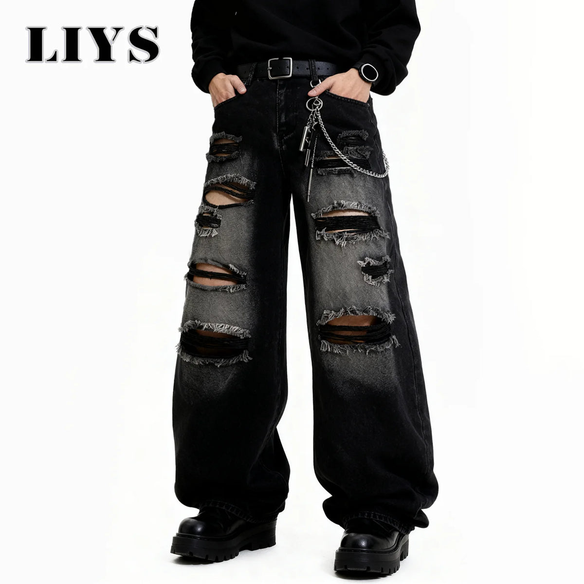 Baggy Ripped Jeans Unisex Gothic Wide Leg Distressed Denim Pants Streetwear