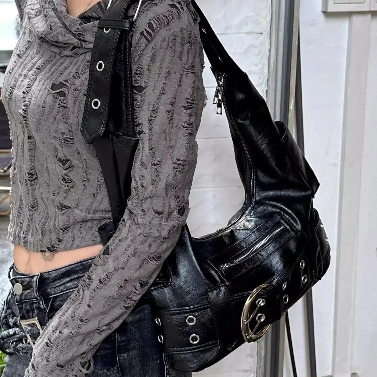 High Street Black Shoulder Bags Cool Hot Girls Leather Y2k