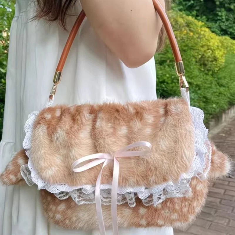Women Plush Deer Spotted Handbag