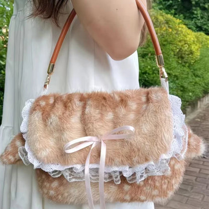 Women Plush Deer Spotted Handbag