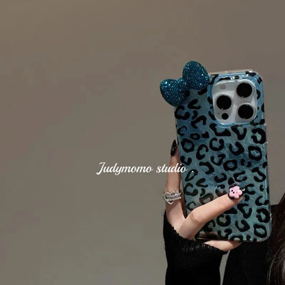 Diamond Bow Leopard Print Phone Case with Glitter Lining