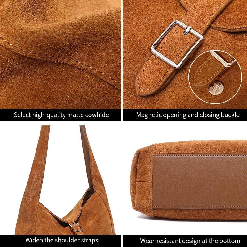 Suede Leather Shoulder Bag for Women – Soft Cowhide Crossbody