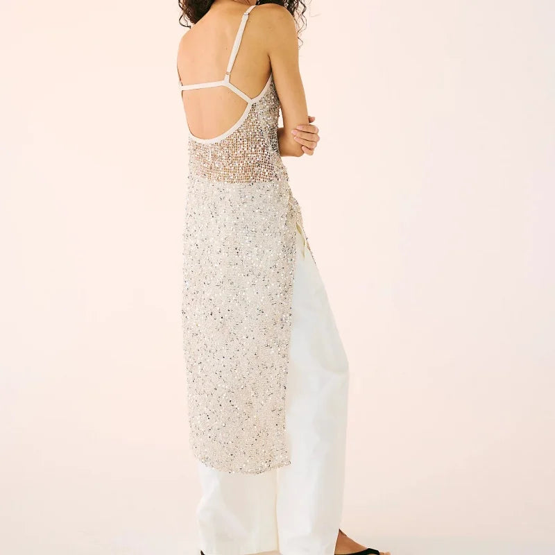 Sequin Mesh Maxi Dress | Women's Sparkly Spaghetti Strap Gown