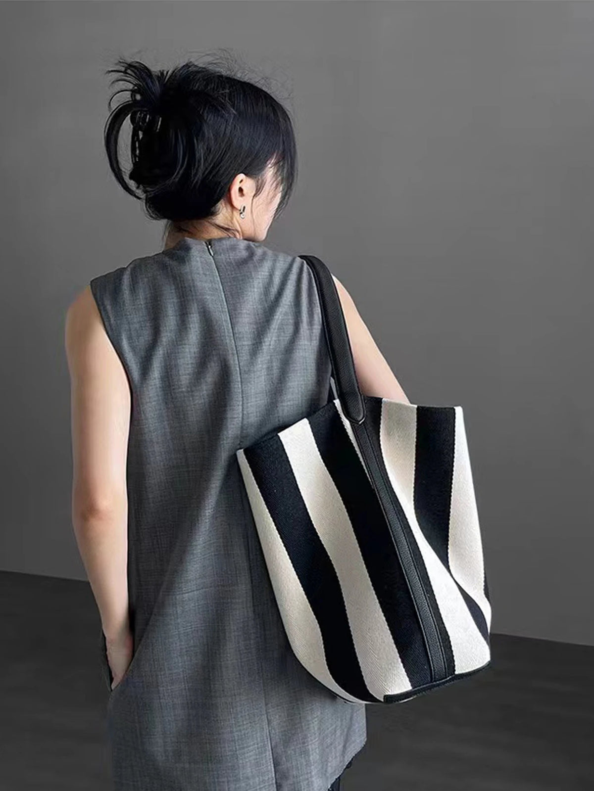 Striped Canvas Bucket Commuter Tote Bag