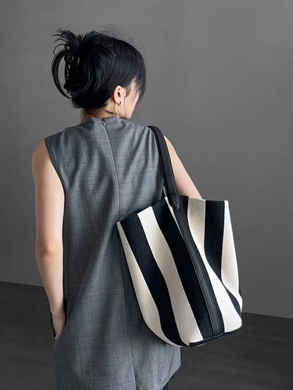 Striped Canvas Bucket Commuter Tote Bag