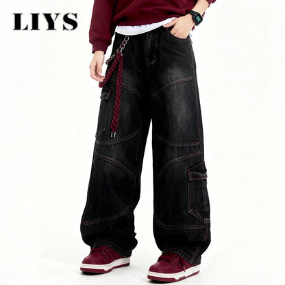 Men S American Street Retro Deconstruction Loose Wide Leg Jeans Unisex Baggy Clothes Multi Pocket