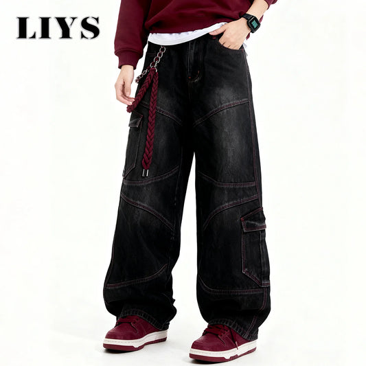 Men S American Street Retro Deconstruction Loose Wide Leg Jeans Unisex Baggy Clothes Multi Pocket