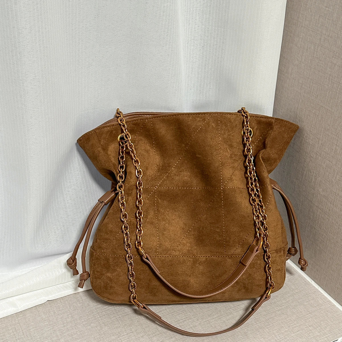 Faux Suede Tote Bag – Women's Chain Shoulder Handbag