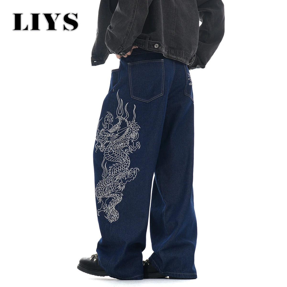 Men's Dragon Embroidered Baggy Wide Leg Jeans – Blue