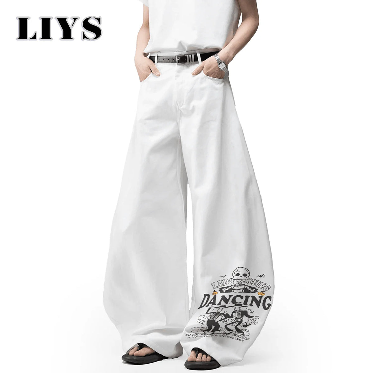 Wide Leg Baggy Jeans Men – Skeleton Dancing Print White Denim