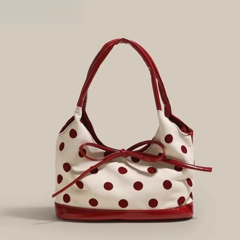Retro Dot Red Handbag Women Versatile Bow Large Capacity