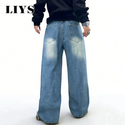 LIYS Baggy Wide Leg Ripped Jeans for Men – Blue Streetwear Denim