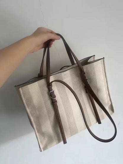 Large Capacity Striped Canvas Tote Bag with Leather Trim