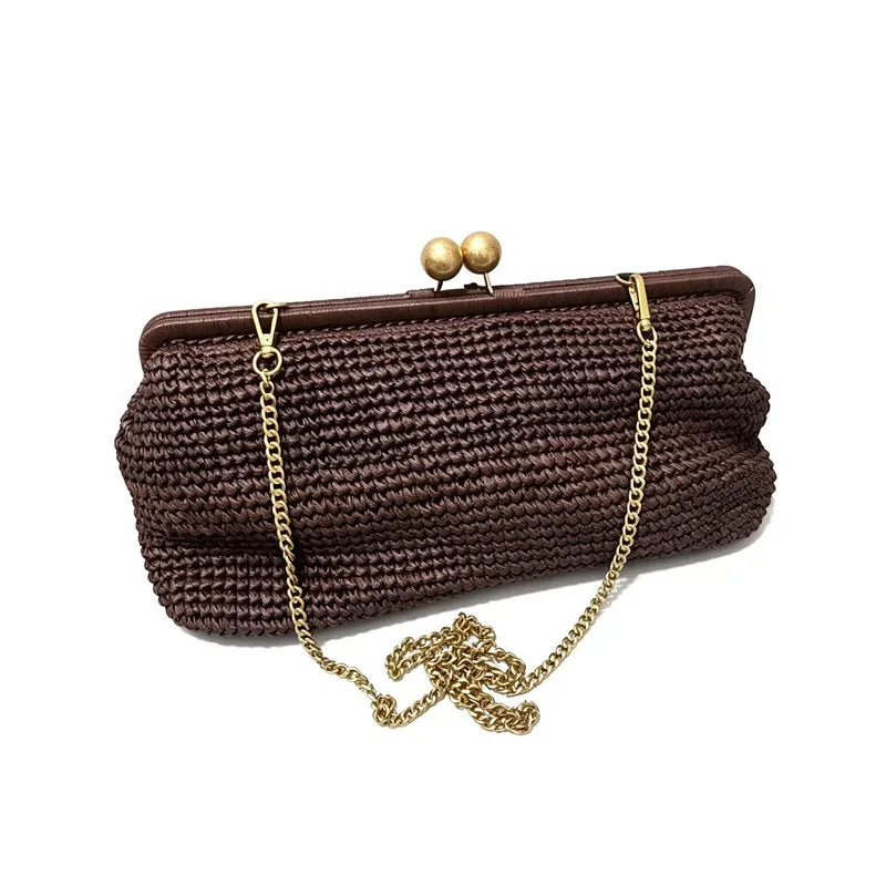 Woven Straw Clutch Bag – Gold Chain Shoulder Bag for Women