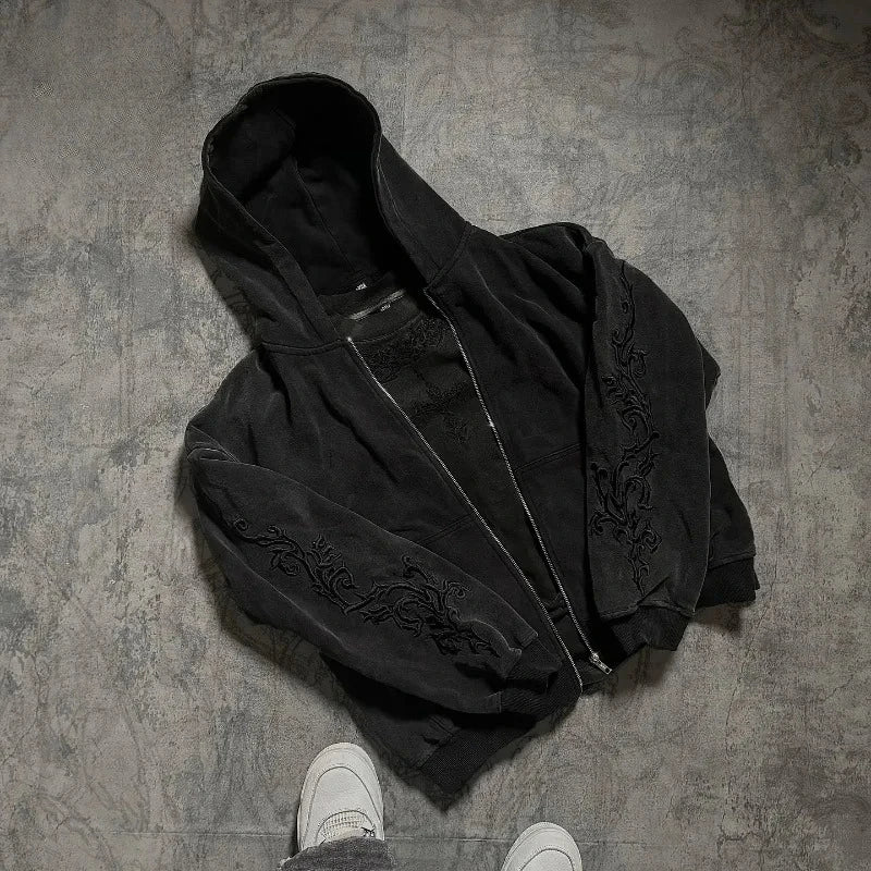 Vine Embroidered Gothic Zip-Up Hoodie – Unisex Streetwear