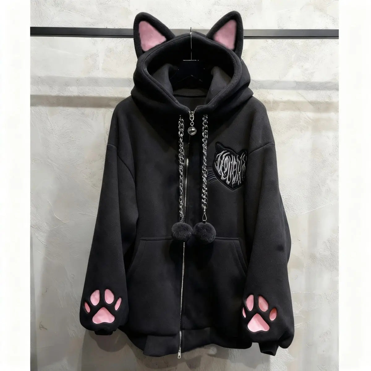 Cat Ear Velvet Hoodie – Women's Y2K Goth Zip-Up Coat