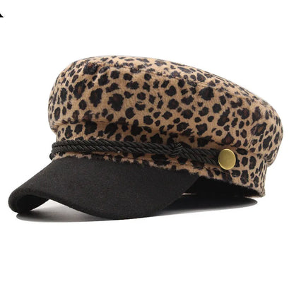 Leopard Print Military Cap for Women – Vintage Y2K Flat Sailor Hat
