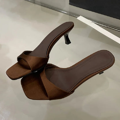 Women's Silk Open Toe Slide Sandals – Elegant Low Heel Dress Slippers